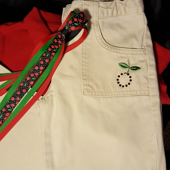 Gymboree Cherry Bling Khaki Pants & NEW Matching Pony Tail Holder - Picture 4 of 6